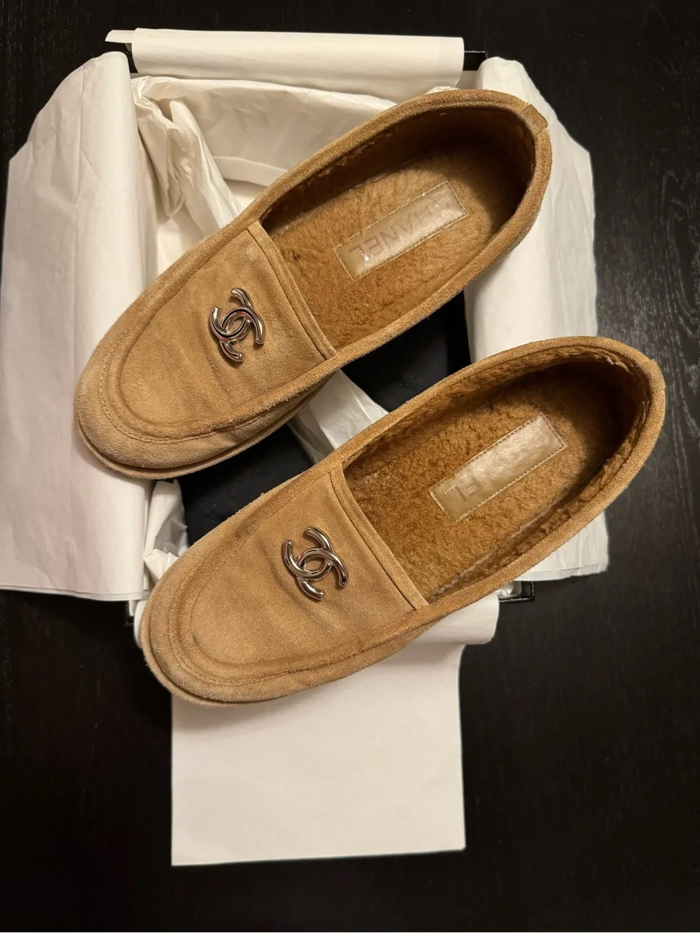 CHANEL Tan Suede Shearling-Lined Slip-On Loafers with CC Hardware